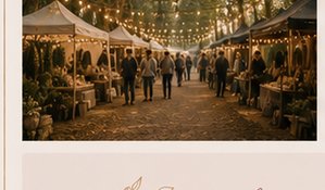 Row of market tents lit with festoon lights along a woodland path