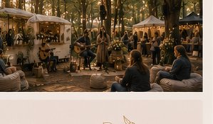 Live band performing to a crowd at dusk in the woods