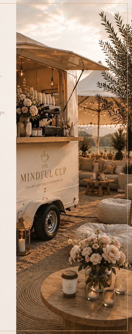 The Mindful Cup trailer counter styled with olive branches and blush florals