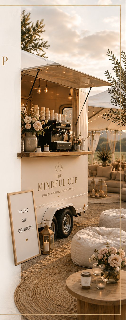 The Mindful Cup coffee trailer serving counter with festoon lights and fresh flowers